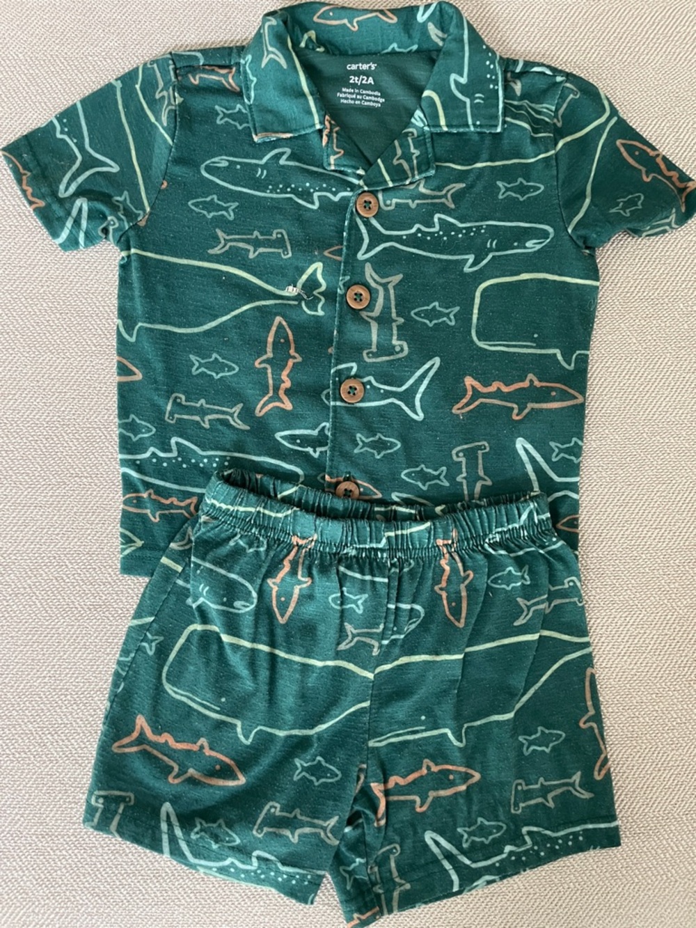 Carter's Teal and Coral Shark-Print Short Set